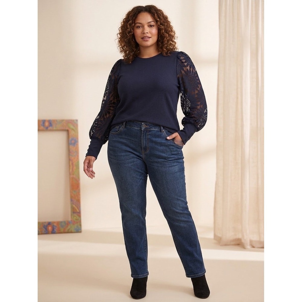 Shein Curve Navy Blue Waffle Knit Top Floral Lace Long Sleeve Plus Size 1XL
